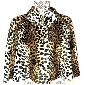 Pologarage Leopard Print Faux Fur Cropped Short Sleeved Jacket w Funnel Collar